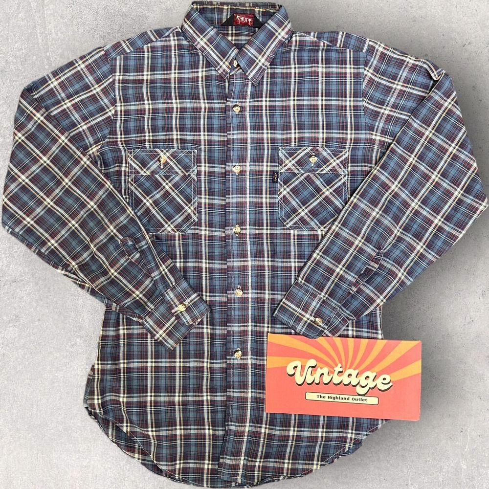 Vtg 80s LEVI'S Western Cowboy Button Shirt Pearl Snap‎ Plaid Flannel Medium